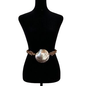 Womens Large Iridescent Shell Belt Tie Braided Rope Detail Boho Beach Artisan